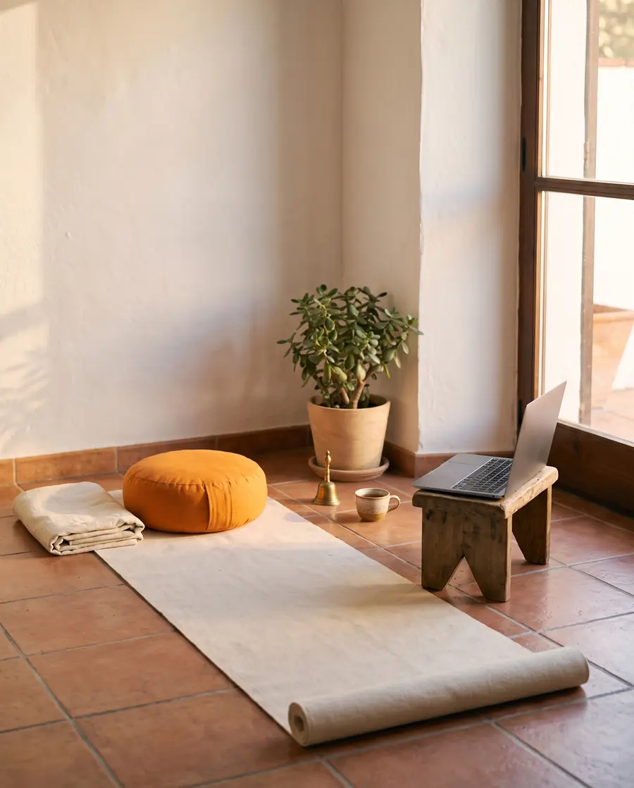 A yoga mat, a saffron cushion and a laptop set up for an online class in a sunlit room.