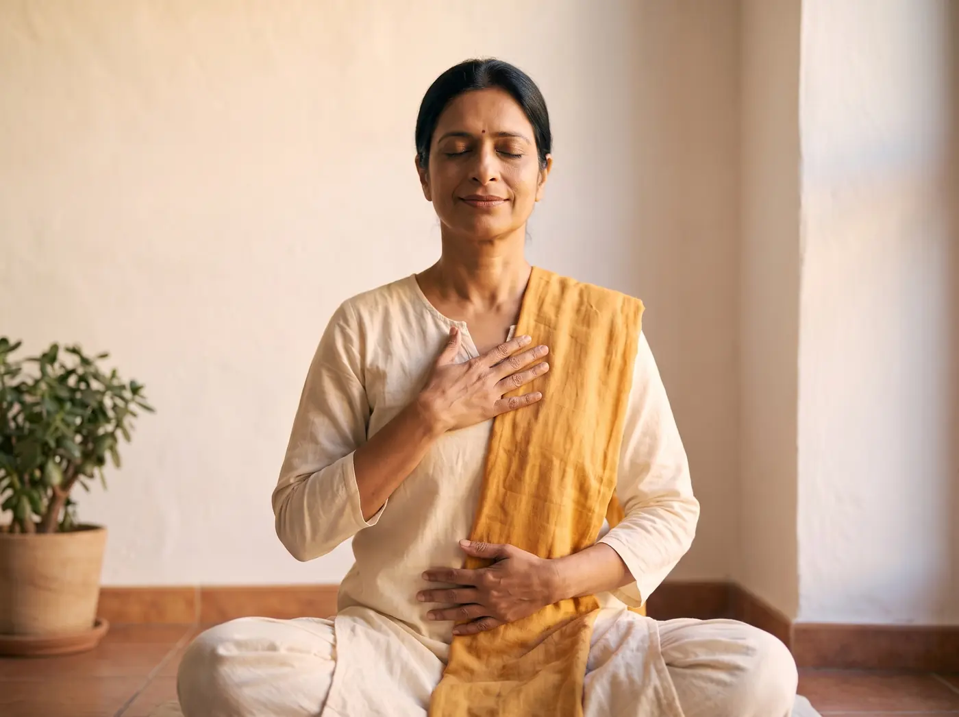 Mahima facing the camera, eyes closed, one hand on her chest and one on her belly, following her breath.