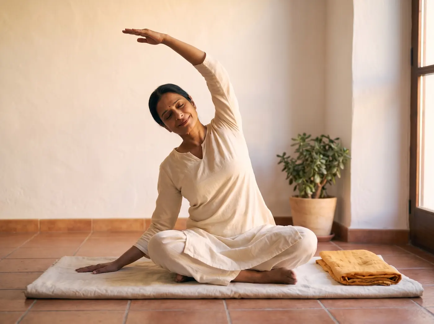 Mahima facing the camera in a gentle seated side stretch, one arm raised, eyes closed.