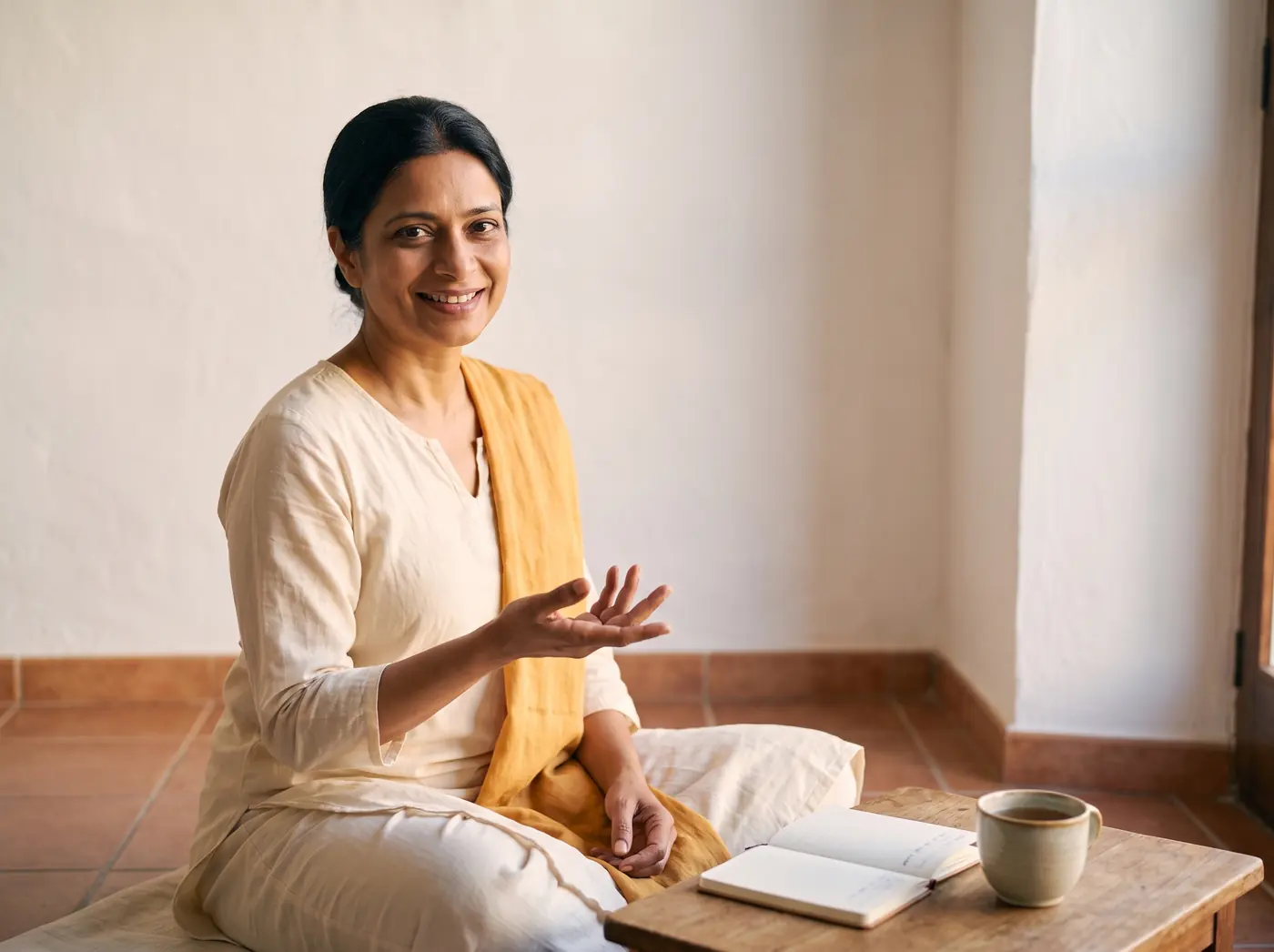 Mahima facing the camera during a private online session.