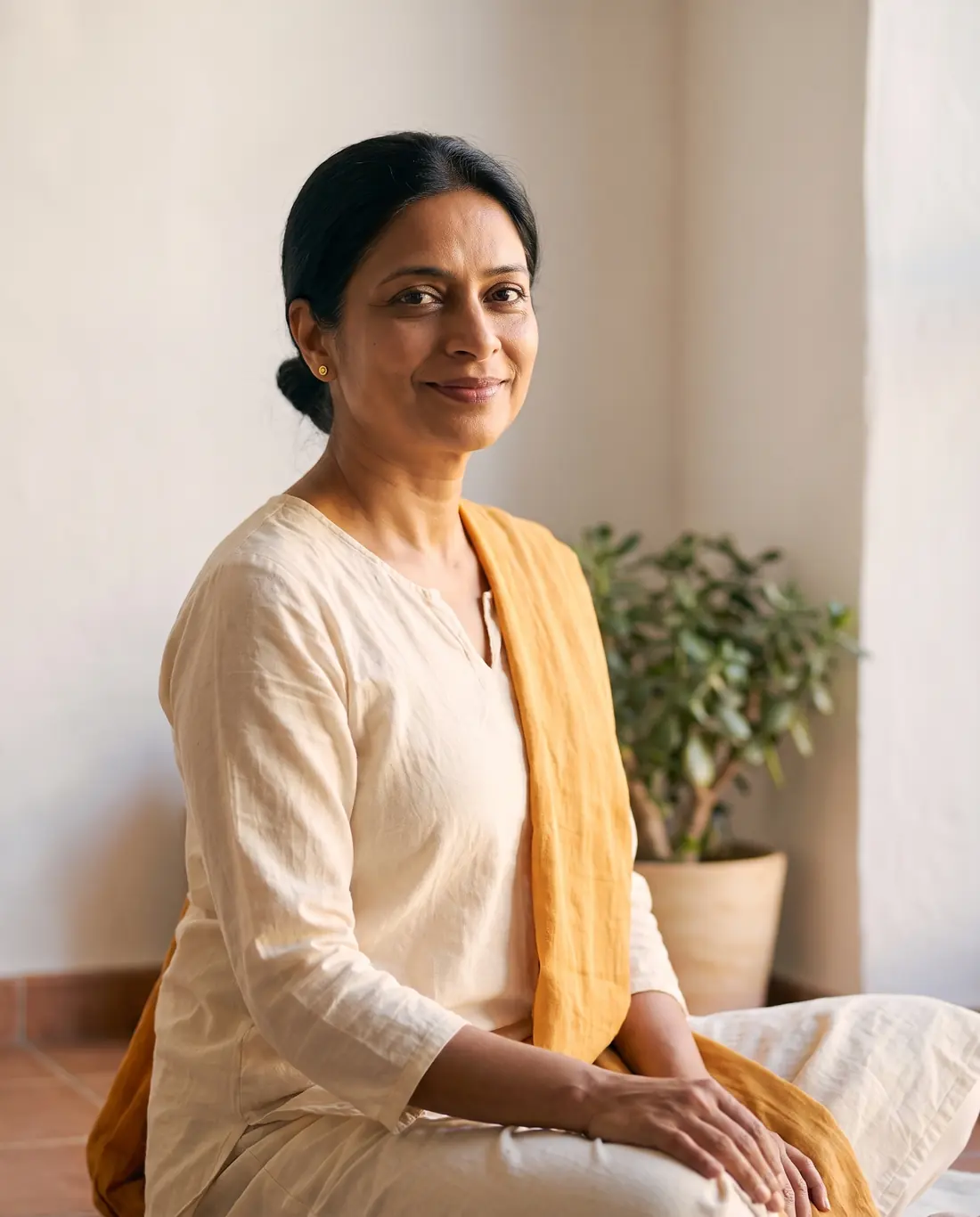 Mahima seated on a cushion, facing the camera with a warm smile, hands resting in her lap.