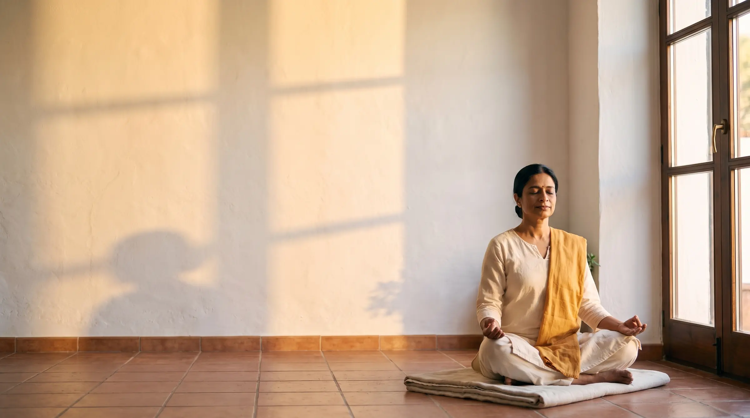 Mahima meditating by a sunlit window, taking one slow breath